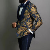 Floral Jacquard Prom Men Suits for Wedding Slim Fit Navy Blue Formal Groom Tuxedo Custom Made African Male Fashion Costume 2024